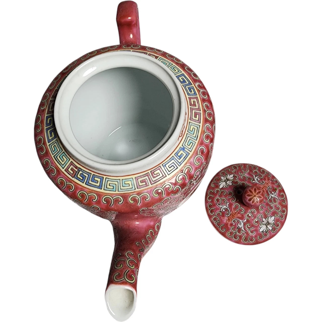Vintage Chinese Porcelain Teapot Red & White Longevity Symbols Floral Lotus Desi | eBay