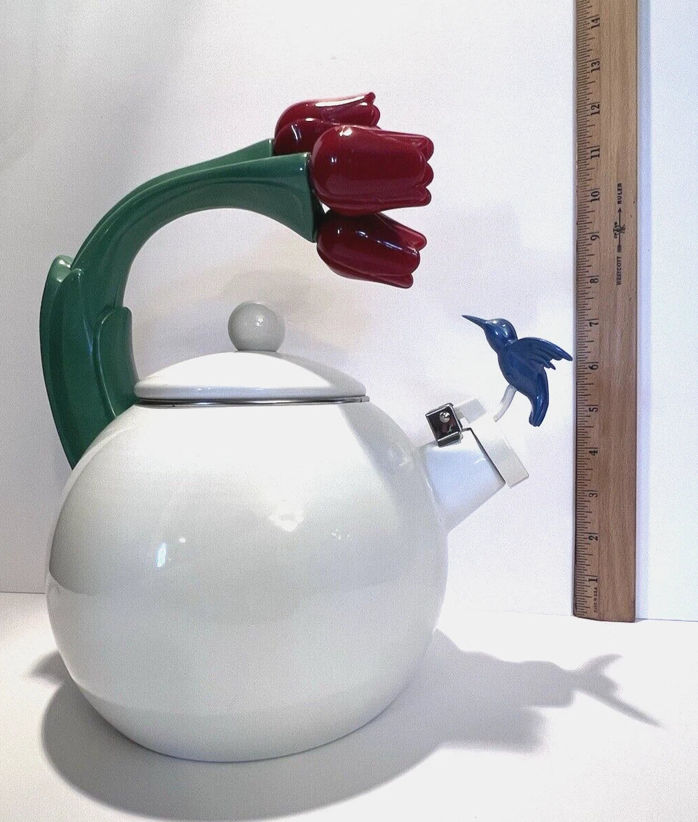 Ancona Hummingbird Tea Kettle Pot White Enamel Red Tulips Whistling Vintage 90s | eBay