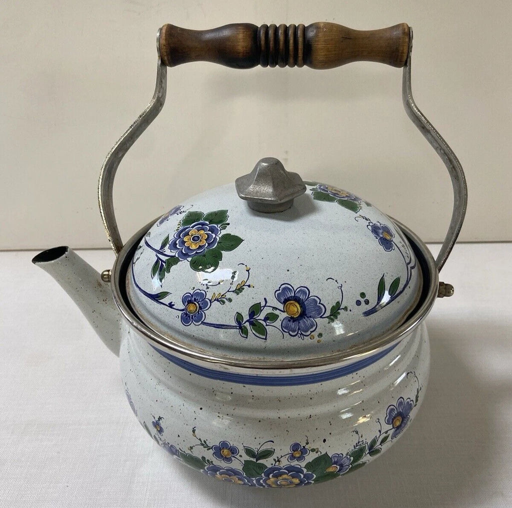 Vtg ASTA Enamel Cookware Tea Pot Kettle Wood Handle Blue Green Floral Speckled | eBay