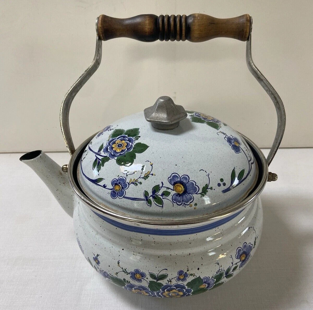 Vtg ASTA Enamel Cookware Tea Pot Kettle Wood Handle Blue Green Floral Speckled | eBay