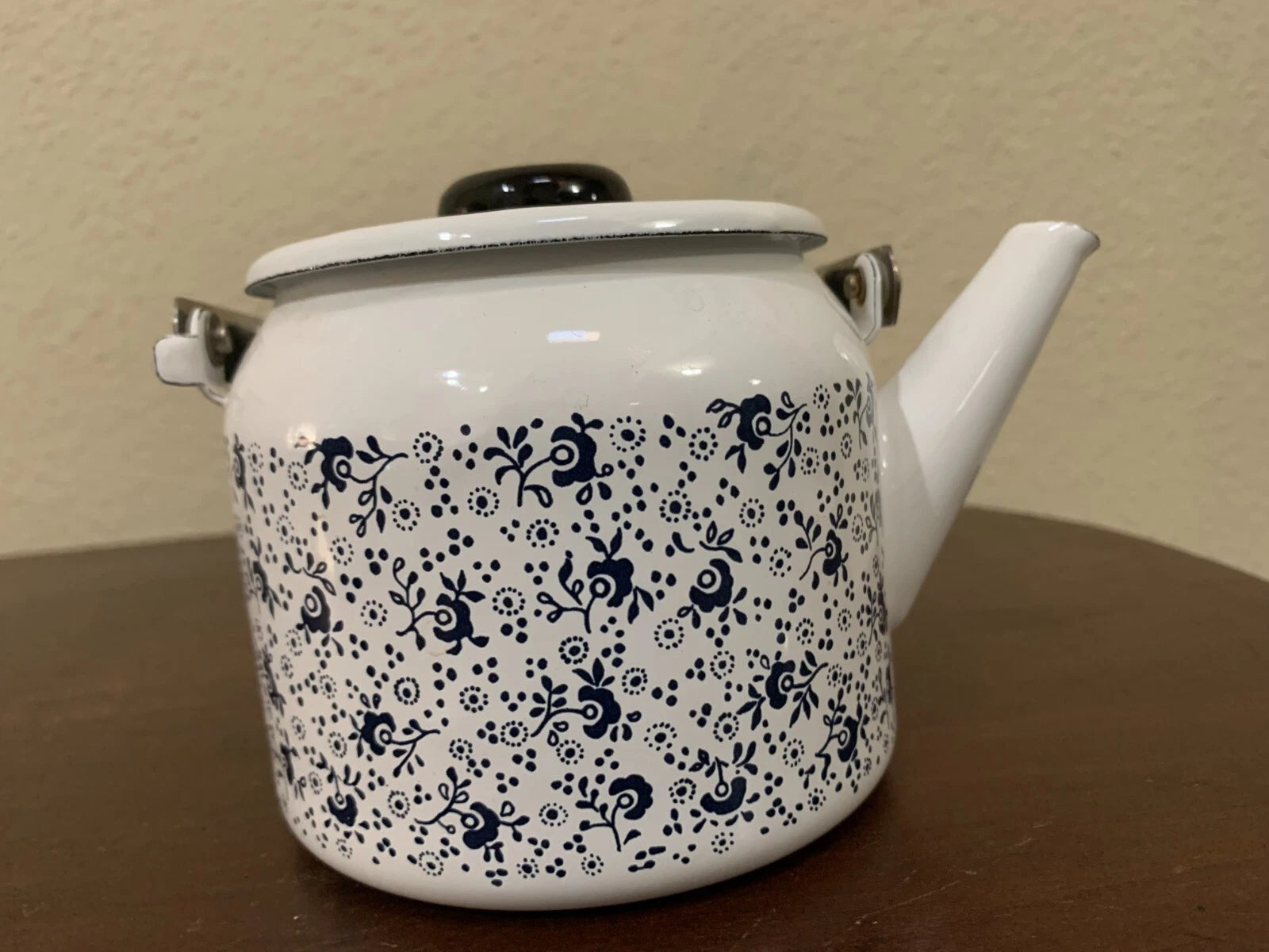 Vintage Porcelain Enamel On Steel Teakettle 1qt Floral White Blue JC Penny Japan | eBay