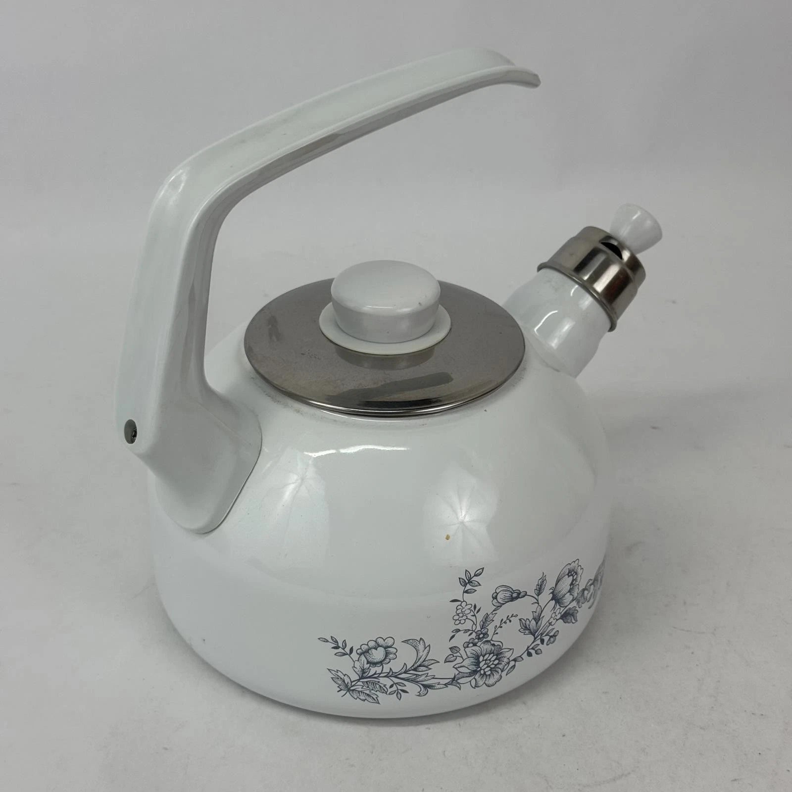 Vintage White Enamelware Whistling Tea Kettle With Blue Floral Pattern | eBay