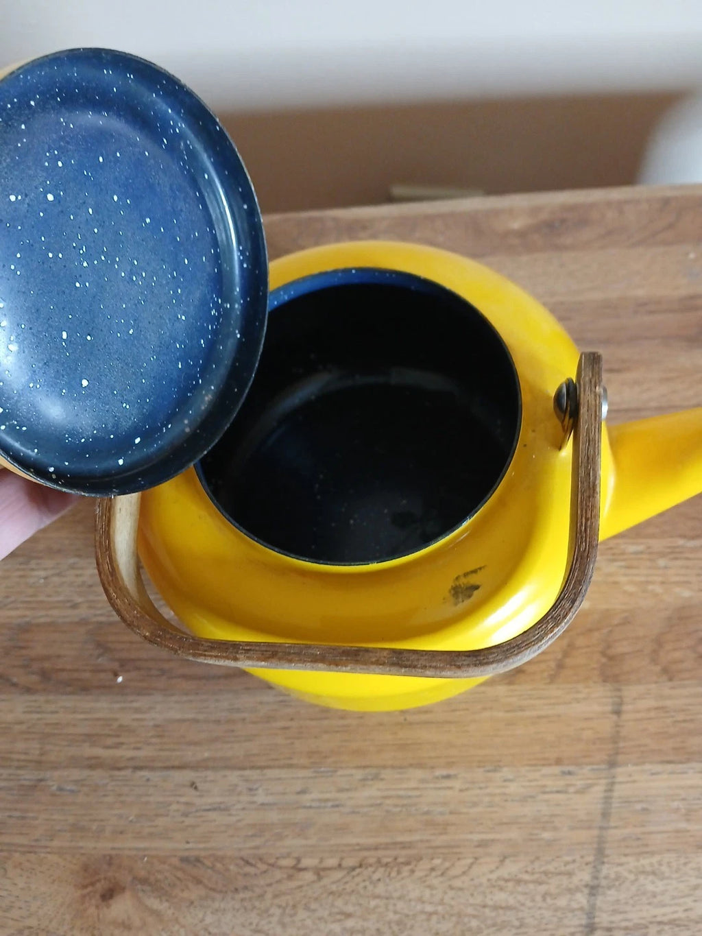 Vintage Yellow Enamel Tea Kettle Pot MCM Wood Teak Metal
