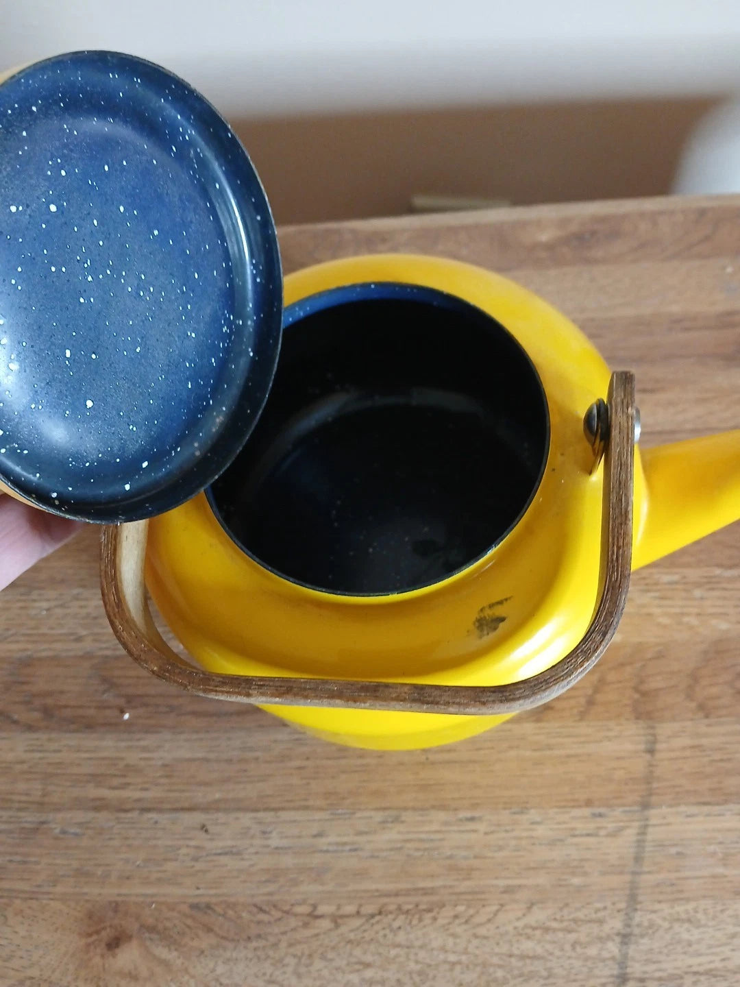 Vintage Yellow Enamel Tea Kettle Pot MCM Wood Teak Metal