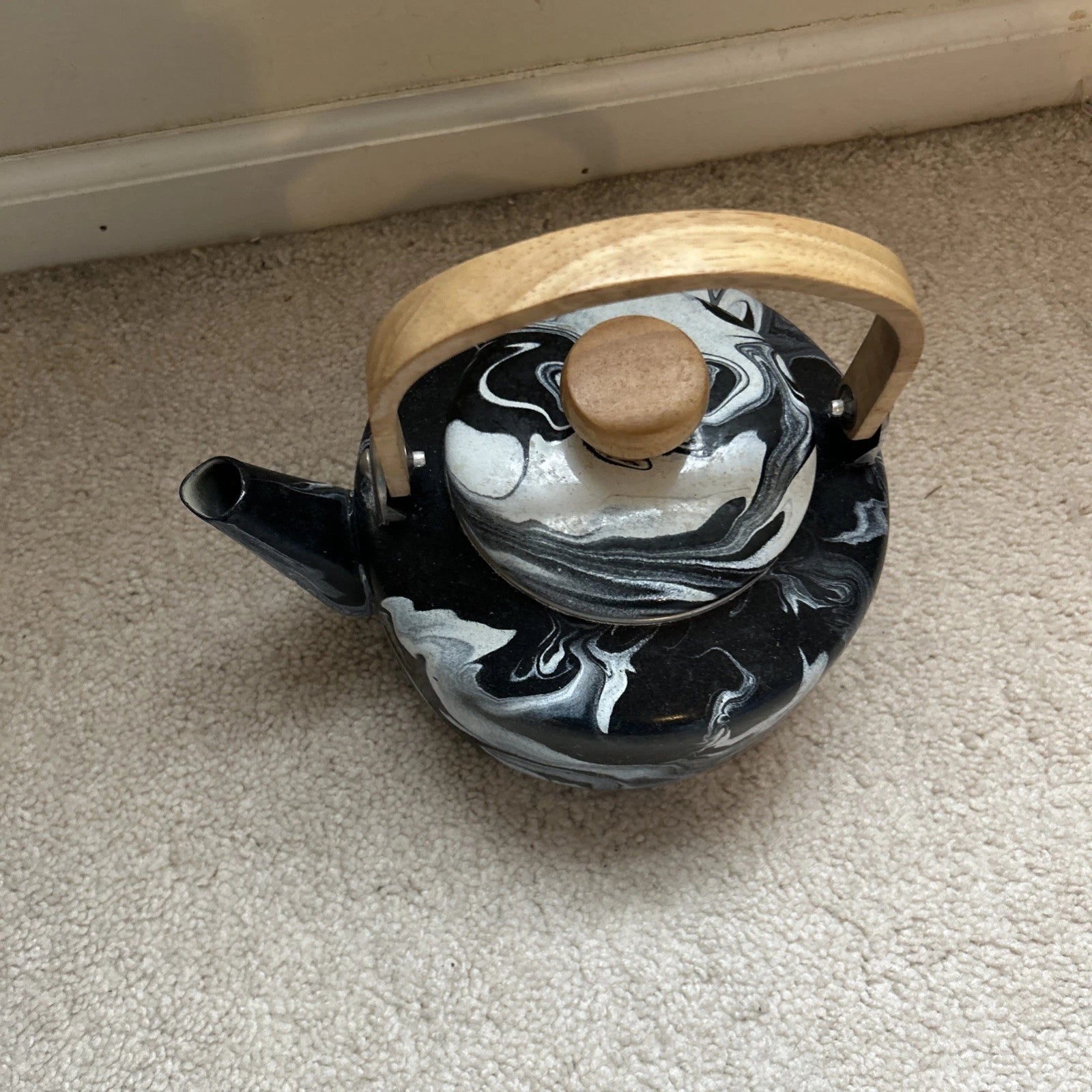 Black and White Marbled Enamel Teapot/Kettle with Wood Handle and Matching Knob | eBay