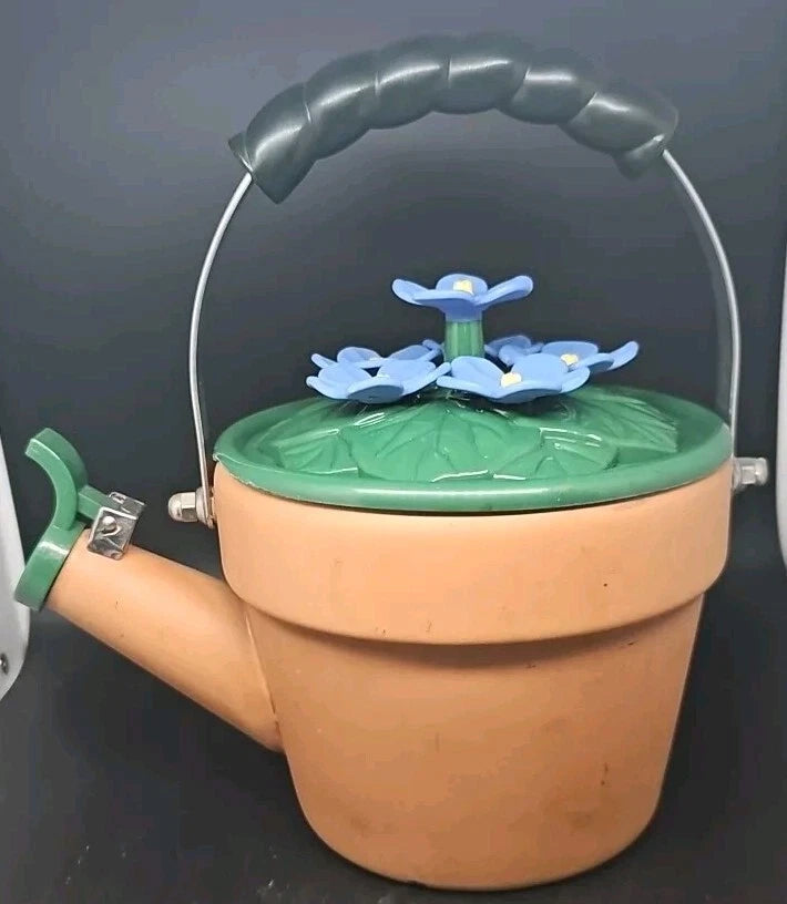 Ancona Enamel Tea Kettle Blue Flowers A Potted Plant Vintage SEE PICTURES & READ | eBay