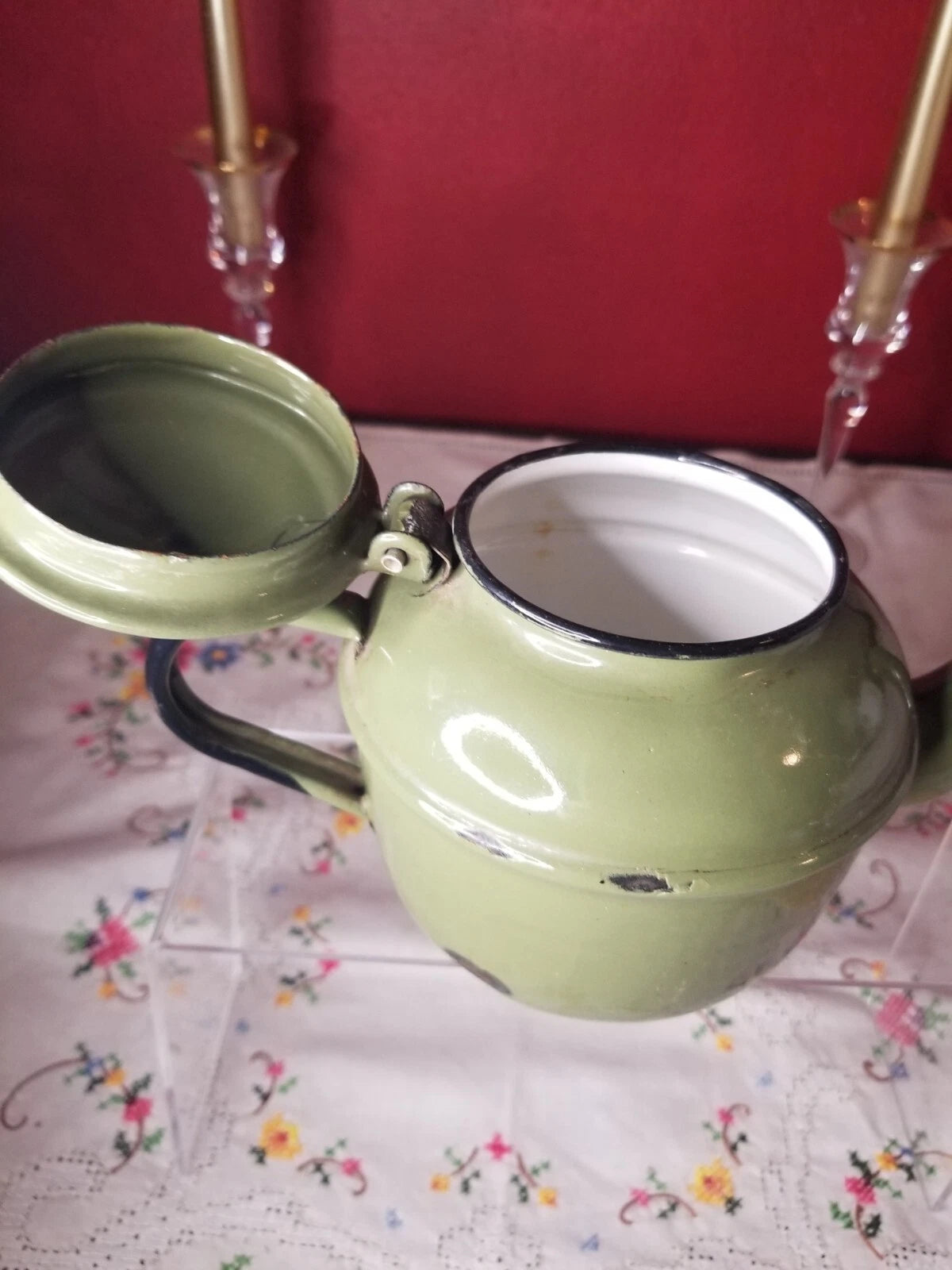 VINTAGE Olive GREEN ENAMELWARE TEAPOT MADE IN POLAND 12 GOOSENECK SPOUT | eBay