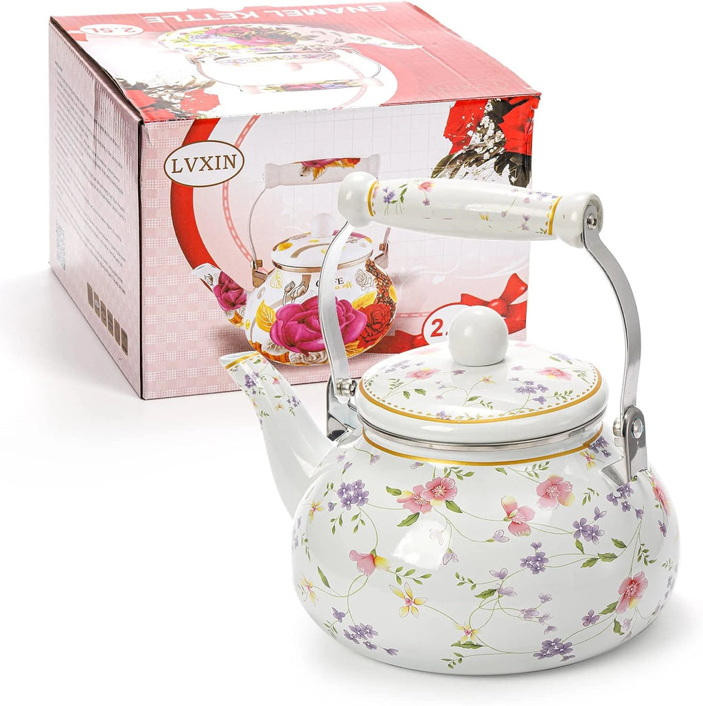 Jucoan Vintage Enamel Tea Kettle, 2.6 Quart Floral Enamel Water Kettle Teapot wi