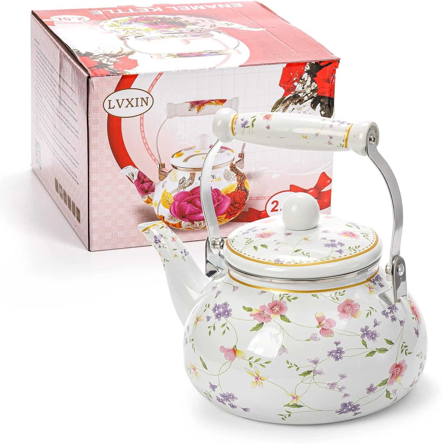 Jucoan Vintage Enamel Tea Kettle, 2.6 Quart Floral Enamel Water Kettle Teapot wi