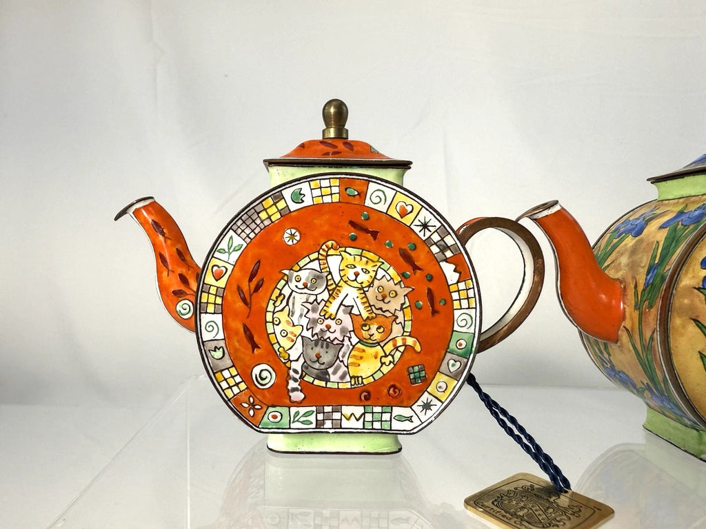 Vintage Mini Teapot Trade Plus Aid Cats & Flower Certified Enamel Hand PaintedW3