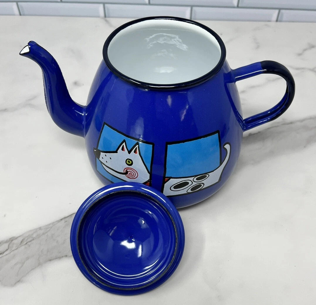 Smaltum Enamelware Teapot Kettle Dog Blue