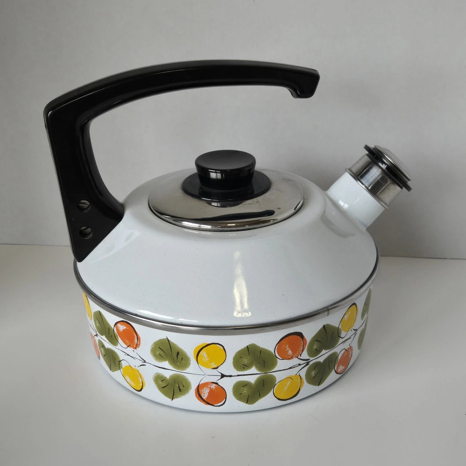 Vintage Enamel Tea Pot Kettle Whistles Lemon Orange Leaves Austria Email MCM | eBay