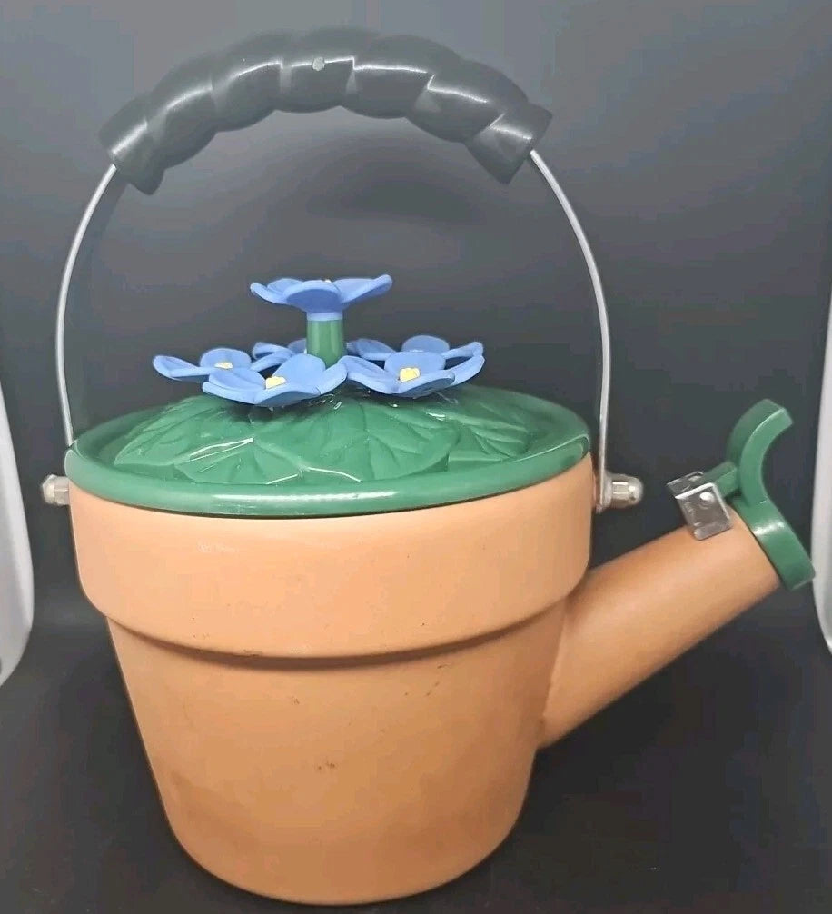 Ancona Enamel Tea Kettle Blue Flowers A Potted Plant Vintage SEE PICTURES & READ | eBay