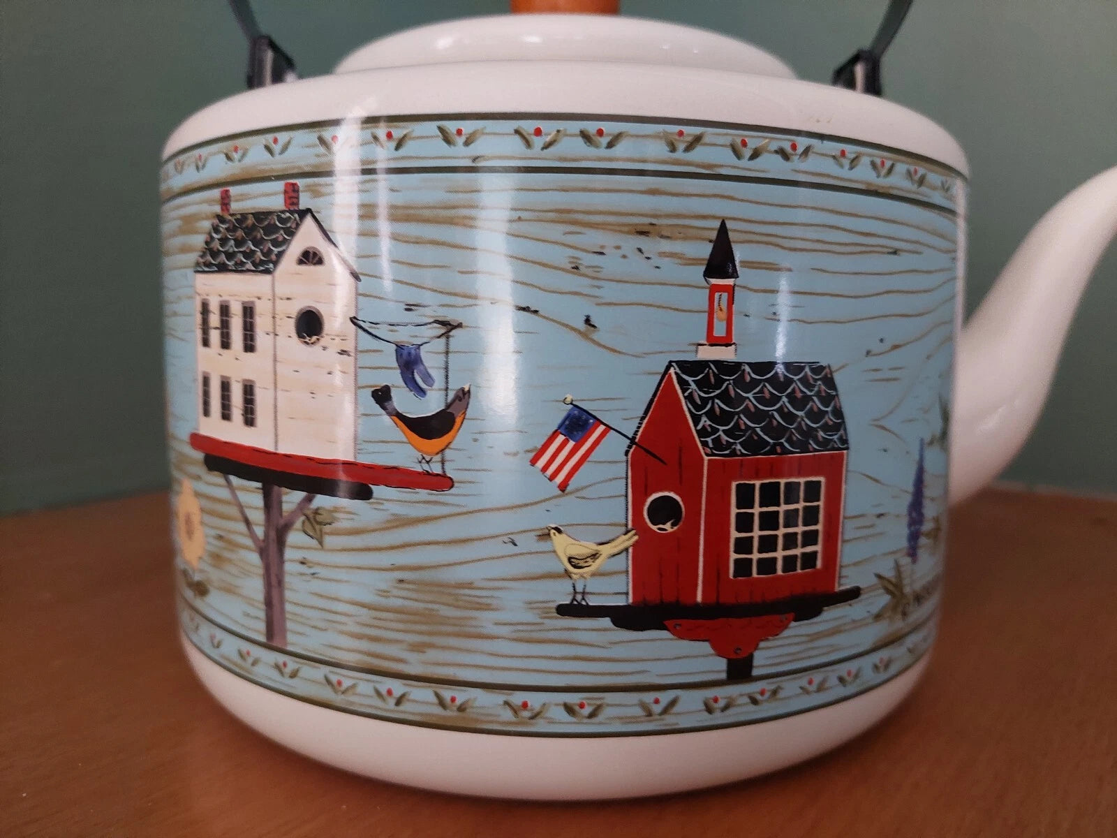 Vintage Warren Kimble Enamel Birdhouse Teapot Wood Handle and Knob