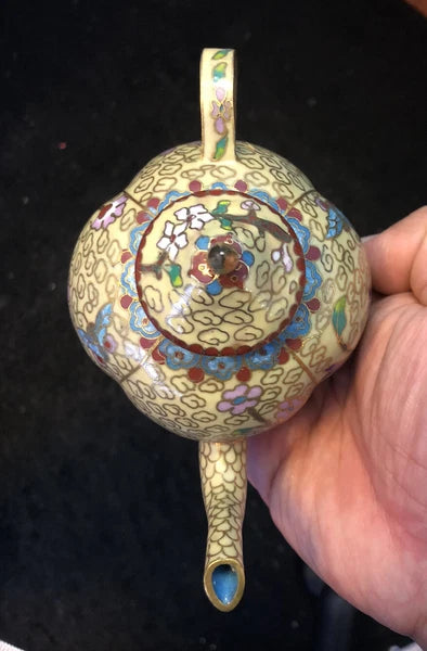 Vintage Cloisonne Enamel and Bronze Beige Floral Teapot