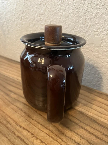 Brown Enamelware Tea Pot Flaw See Last Pic For Small Crack In Wood Knob