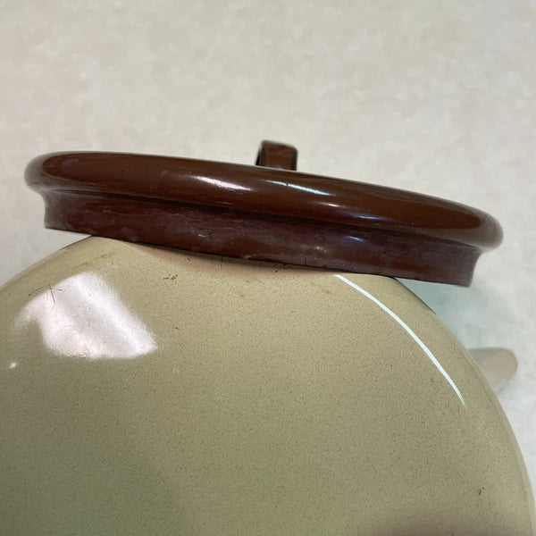 Vtg Beige Enamelware Teapot Kettle w/Brown Lid & Black Wooden Handle Rustic