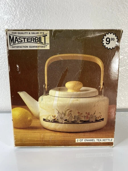 Vintage 2qt Enamel Tea Kettle With Flowers & Wood Handle New
