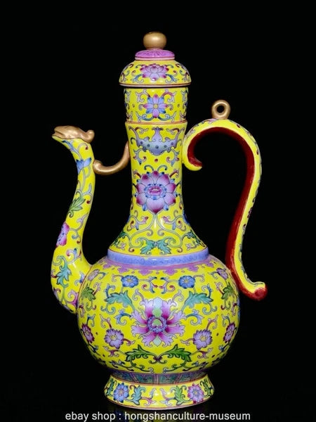 9.4" Qing Yongzheng Marked Enamel Colour Porcelain Flower Wine Tea Pot Flagon