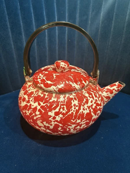 Vintage Red Enamelware Splatter Graniteware Tea Kettle Teapot