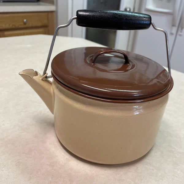 Vtg Beige Enamelware Teapot Kettle w/Brown Lid & Black Wooden Handle Rustic