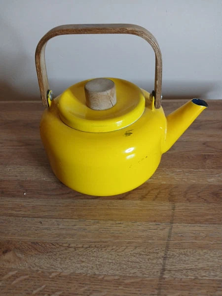 Vintage Yellow Enamel Tea Kettle Pot MCM Wood Teak Metal