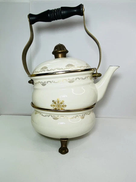 Vintage Fissler Asta Black & Gold Enamelware Teapot & Warmer West Germany Nice