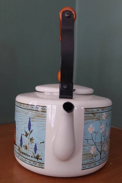 Vintage Warren Kimble Enamel Birdhouse Teapot Wood Handle and Knob