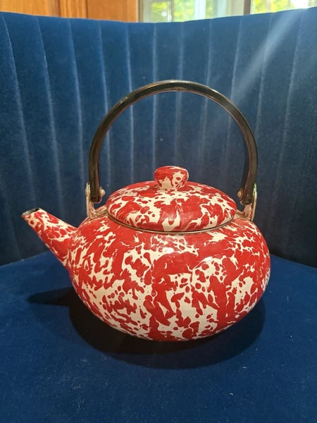 Vintage Red Enamelware Splatter Graniteware Tea Kettle Teapot