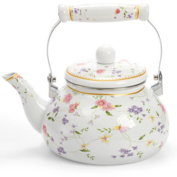Vintage Enamel Tea Kettle, 2.6 Quart Floral Enamel Water Kettle Teapot with P...