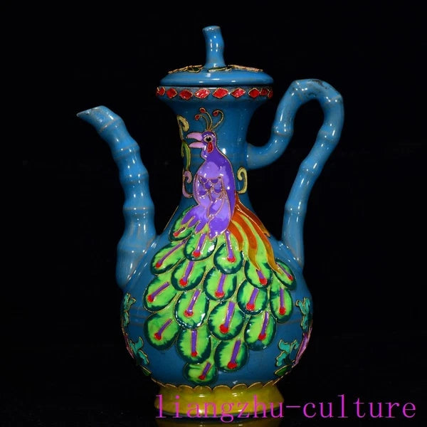 8.8"China song Dynasty ru kiln porcelain Enamel Peacock bird flagon Teapot pot