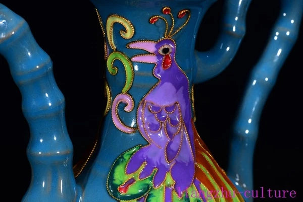 8.8"China song Dynasty ru kiln porcelain Enamel Peacock bird flagon Teapot pot