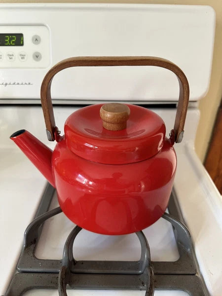 Teak Red Enamel Tea Kettle Tea Pot Copco Style Vintage Mid Century Modern