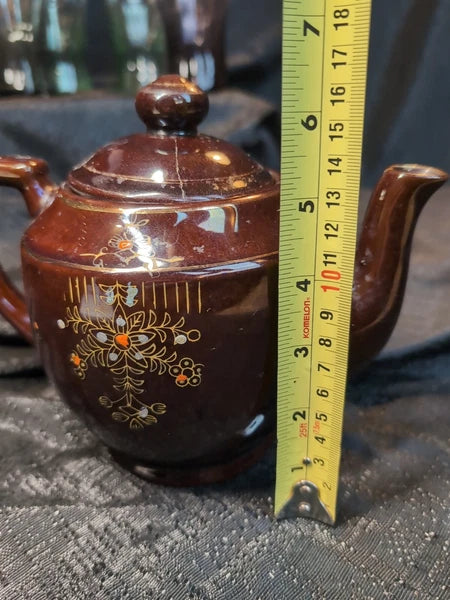 Vtg Brown Betty Redware Teapot Moriage Enamel Hand Painted Floral Made In Japan