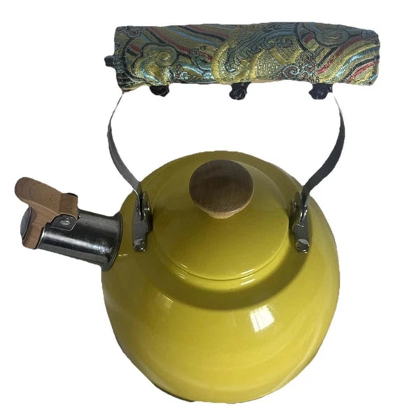 VTG Yellow Enamel w/ Wood & Chrome Detail Tea Kettle with handmade handle cozy