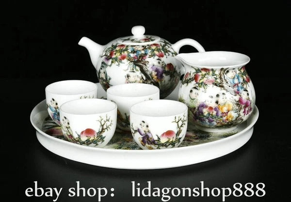 8.9" Qianlong Marked Enamel Porcelain Child Words Pattern Tea Pot Plate Set