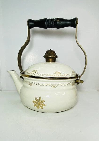 Vintage Fissler Asta Black & Gold Enamelware Teapot & Warmer West Germany Nice