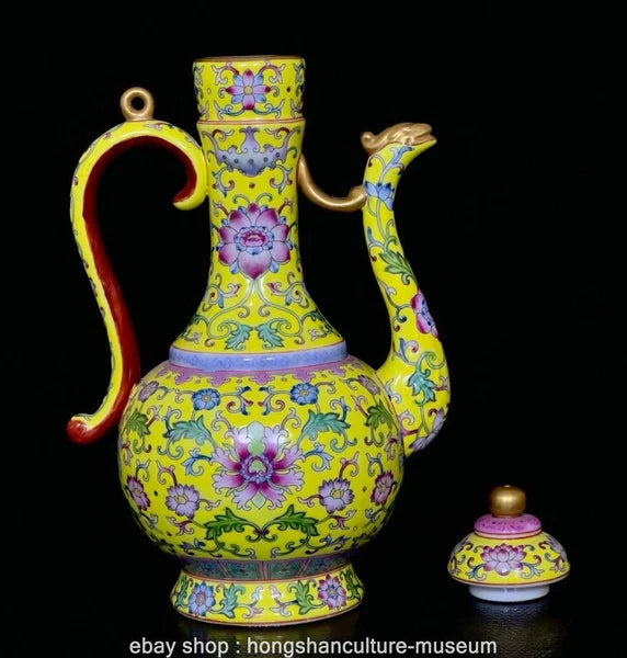 9.4" Qing Yongzheng Marked Enamel Colour Porcelain Flower Wine Tea Pot Flagon