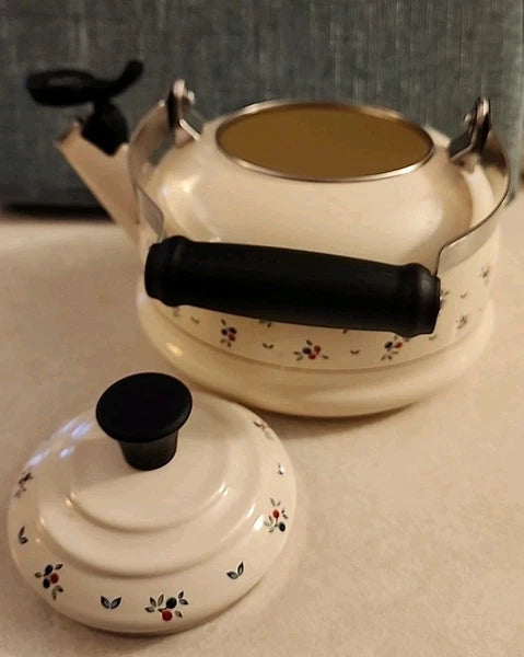 Vintage LeCreuset Enamel Floral Tea Kettle with Whistling Spout