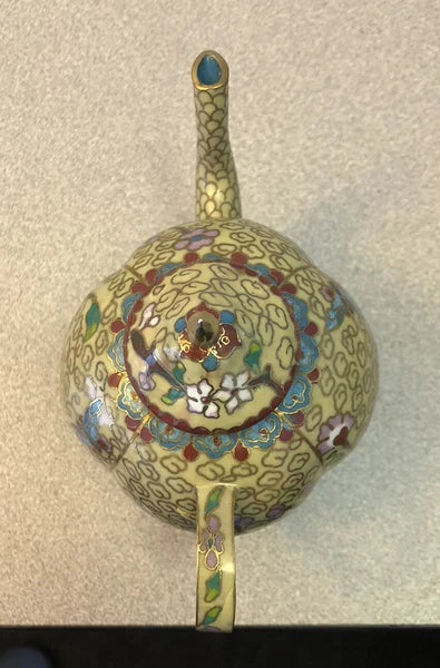 Vintage Cloisonne Enamel and Bronze Beige Floral Teapot