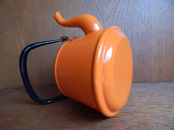 Vintage Orange Enamel Tea pot Mid Century Black Enamel Handle CLEAN