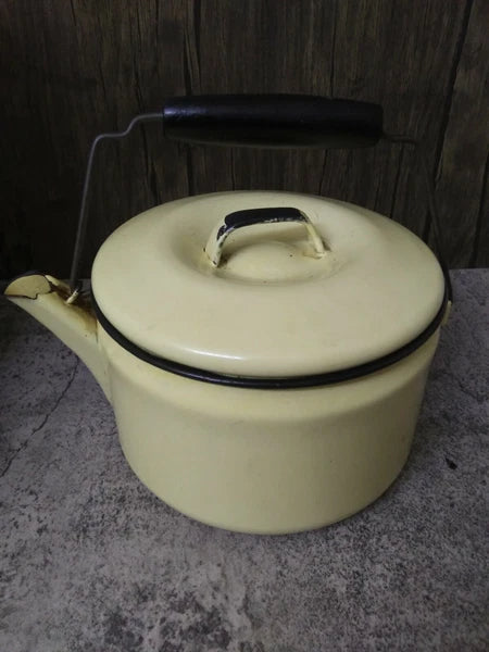 Vintage Yellow Enamel Teapot Metal bail, Wood Handle Farmhouse Decor, Planter
