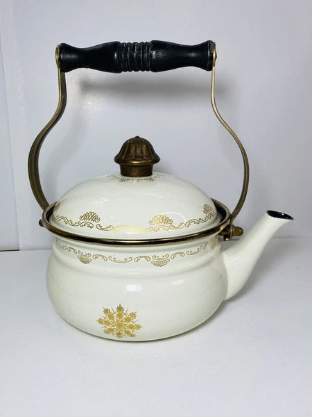 Vintage Fissler Asta Black & Gold Enamelware Teapot & Warmer West Germany Nice
