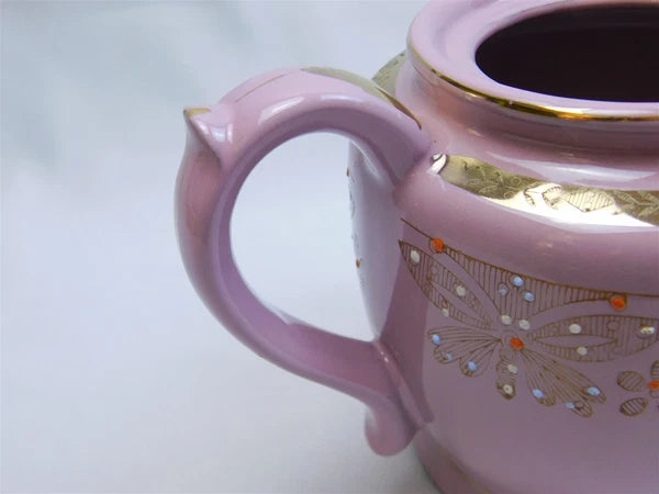 Vtg Pink Gold Glazed REDWARE Teapot Butterfly Enamel Moriage Hand Painted 7"