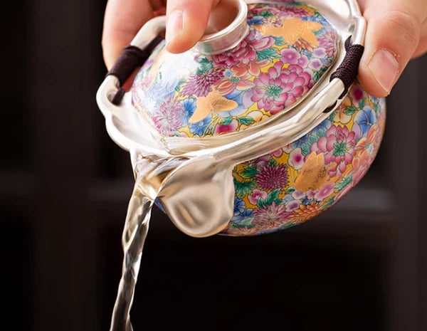 Gold butterfly enamel million flowers hand-grabbed pot gold silver teapot