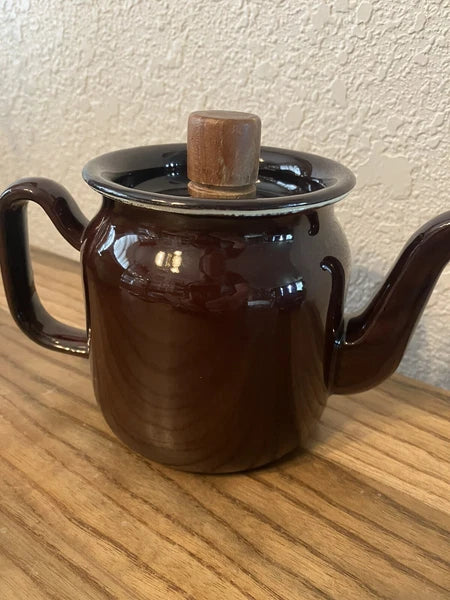 Brown Enamelware Tea Pot Flaw See Last Pic For Small Crack In Wood Knob