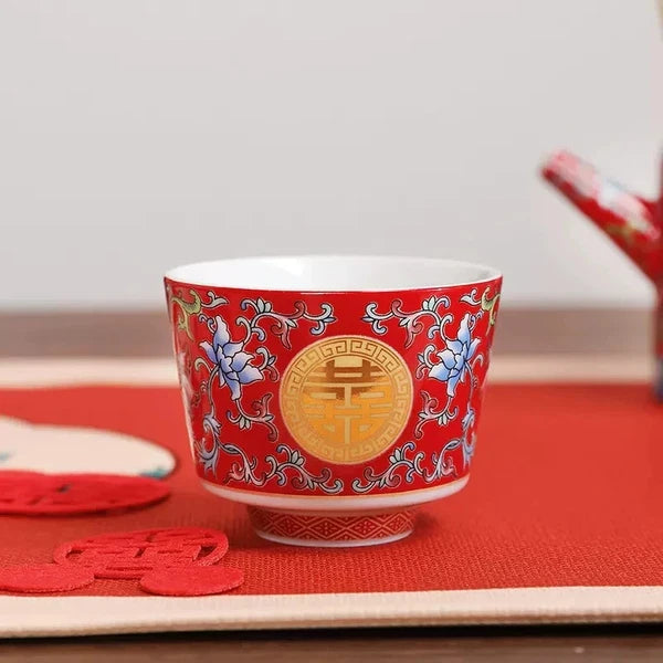 Traditional Chinese Enamel Colored Tea Cup Set Tea Pot Set Wedding Tea Cup