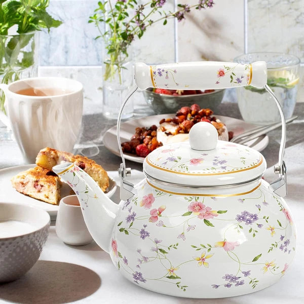 Jucoan Vintage Enamel Tea Kettle, 2.6 Quart Floral Enamel Water Kettle Teapot wi