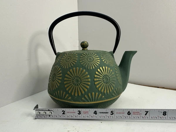 Cast Iron Tea Pot W/ Enamel Inside Copper & Green Finish