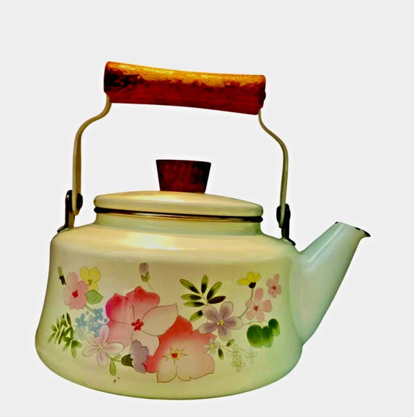 Kobe Kettle Japan Vintage White Floral Enamel Teapot Wooden Handle Decorative
